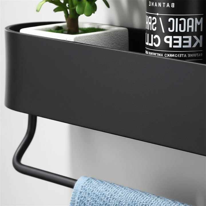 Modern black shower caddy & storage shelf, wall-mounted for bathroom essentials and towels