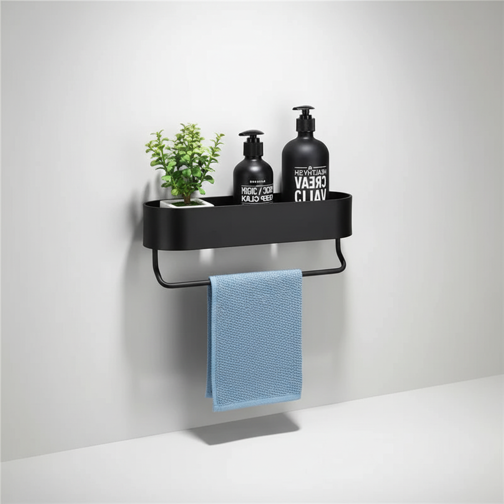 BathEdge black metal bathroom shelf, space-saving wall organizer with towel rail for contemporary decor