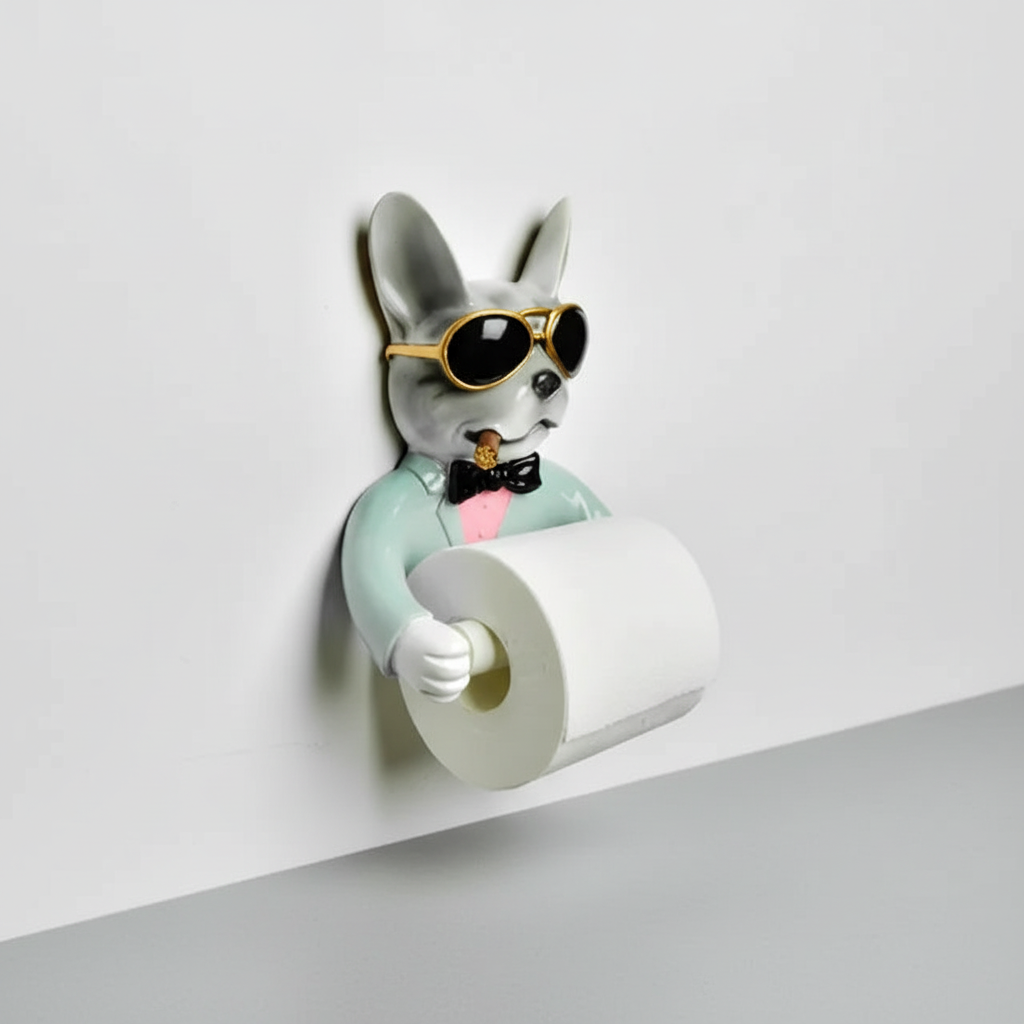 Resin dog toilet paper dispenser, 'PawMate' wall-mounted for convenient access