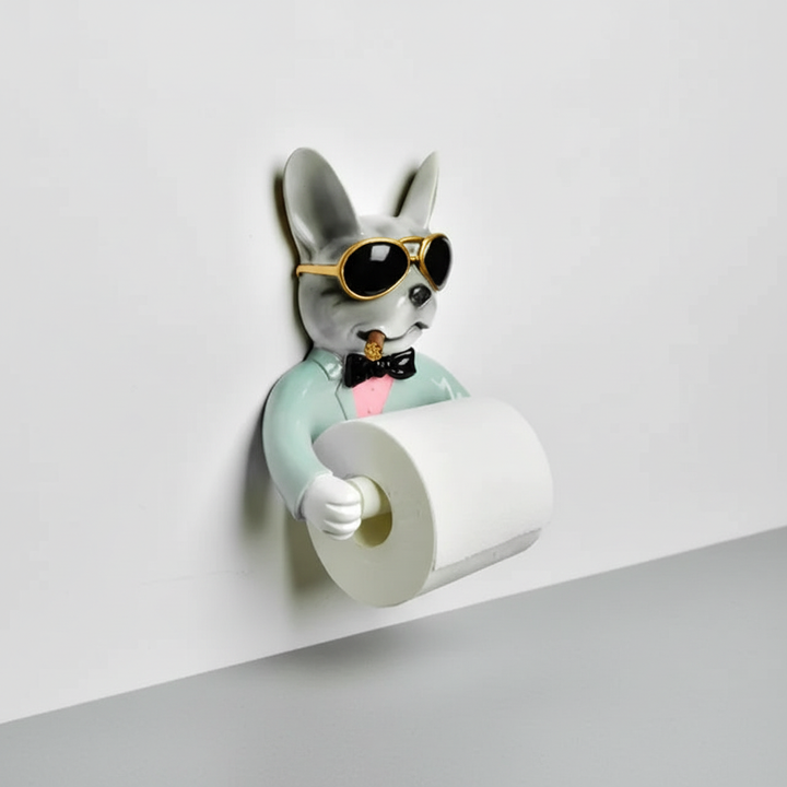 Resin dog toilet paper dispenser, 'PawMate' wall-mounted for convenient access