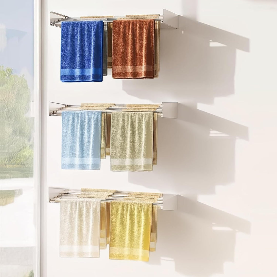 Close-up of a wall-mounted foldable drying rack arm, sturdy design for clothes, smart home organization.