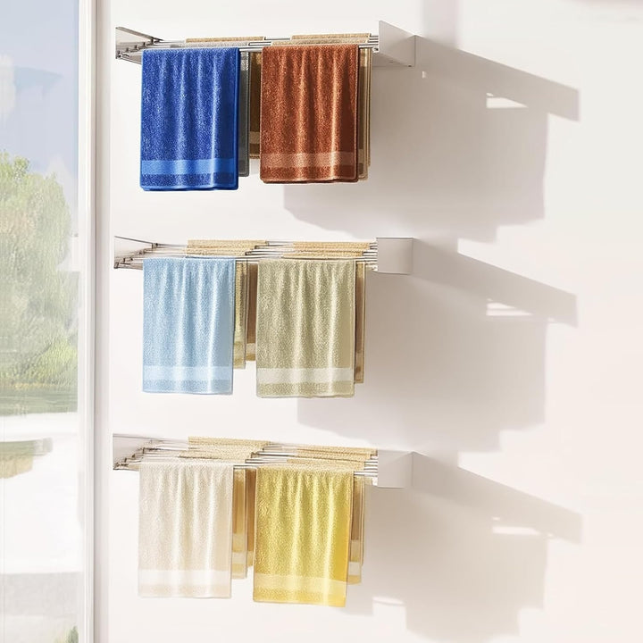 Close-up of a wall-mounted foldable drying rack arm, sturdy design for clothes, smart home organization.