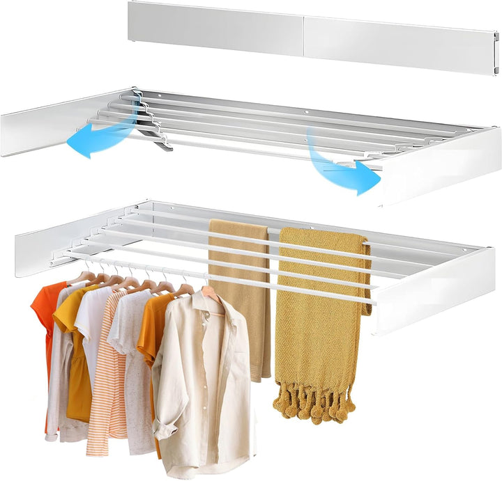 Wall-mounted clothes drying rack, black, sleek design, folded on a light wall, perfect for modern homes.