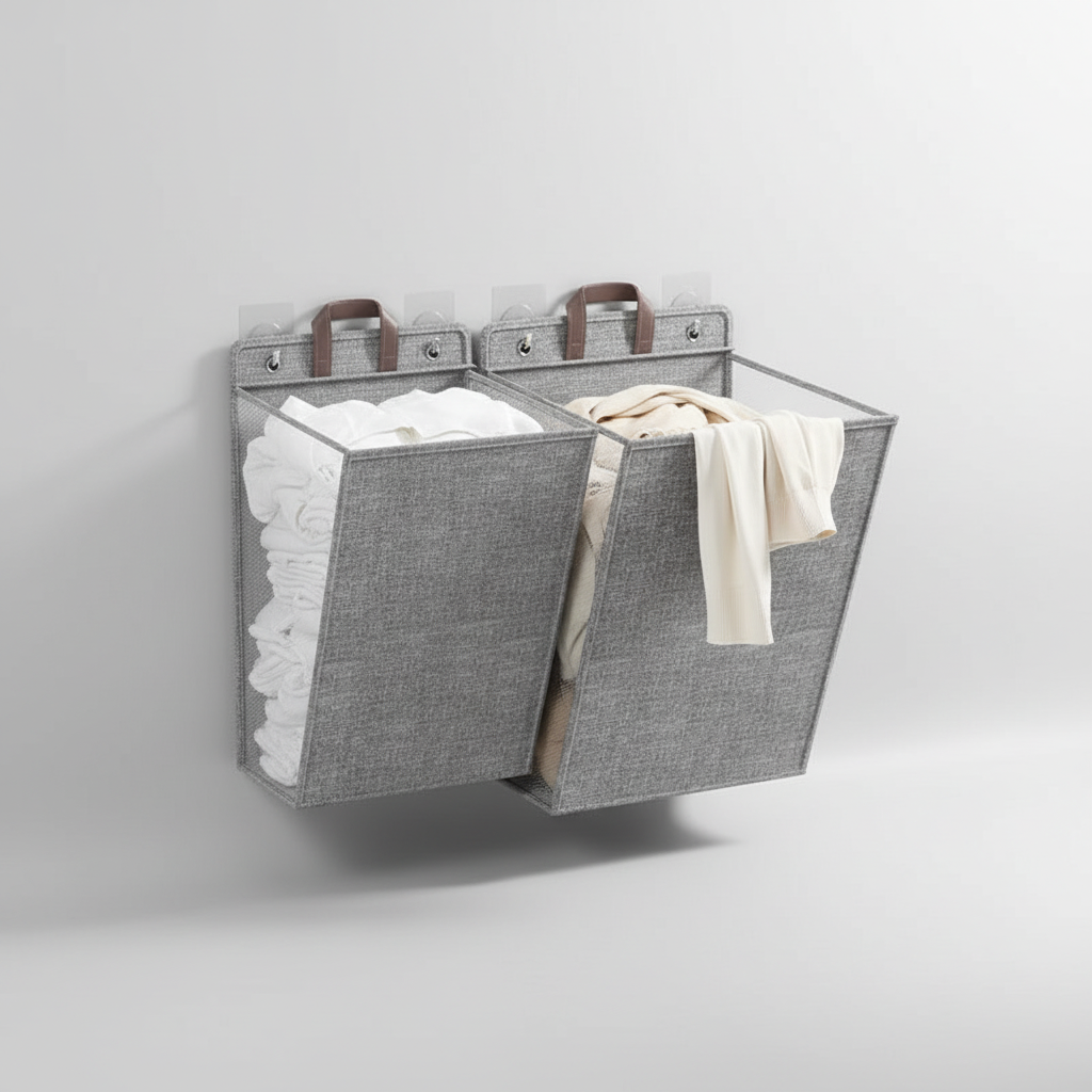 Foldable wall hanging laundry basket, drill-free installation for easy household storage