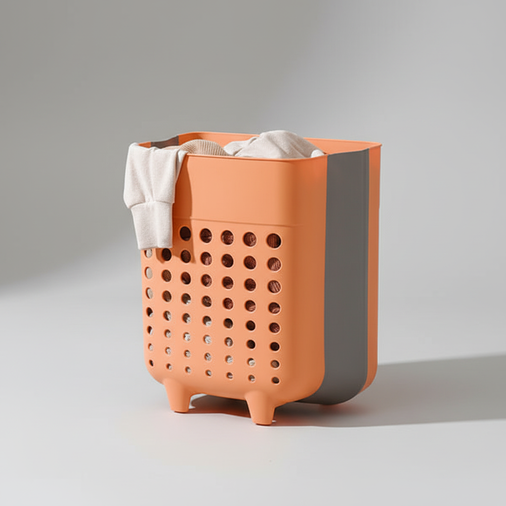 Foldable laundry basket in use, mounted on a wall, showing its space-saving design for small bathrooms.
