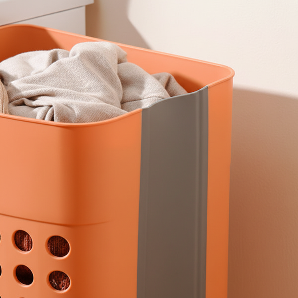 Close-up of the vented design of the WallLaundryPro foldable laundry hamper, wall-mounted for easy access.