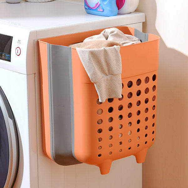 Empty WallLaundryPro foldable laundry basket, compact and wall-mounted, perfect for modern home storage.