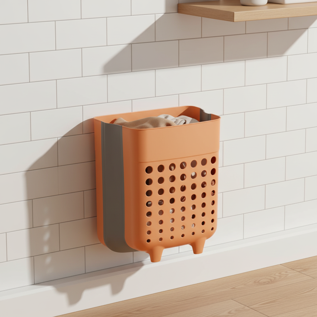 Wall-mounted foldable laundry hamper for space-saving bathroom organization