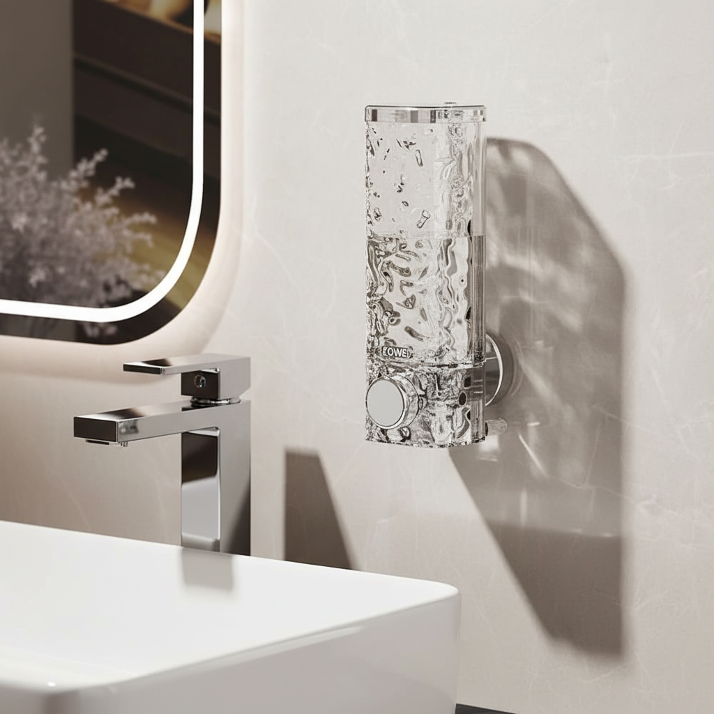 Wall-mounted liquid soap dispenser, no-drill installation, modern design, keeps bathroom or kitchen organized
