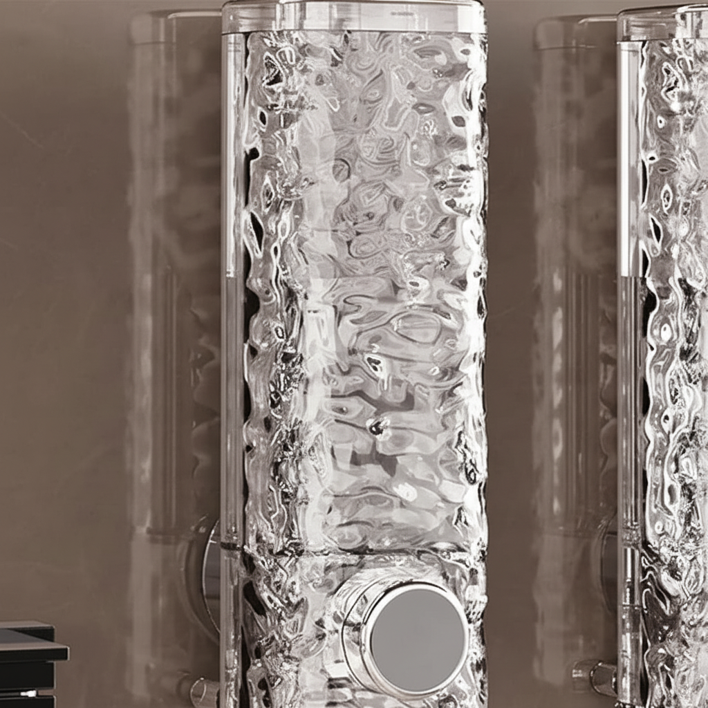 No-drill wall-mounted liquid soap dispenser. Enhance your home decor with this modern bathroom organization solution.