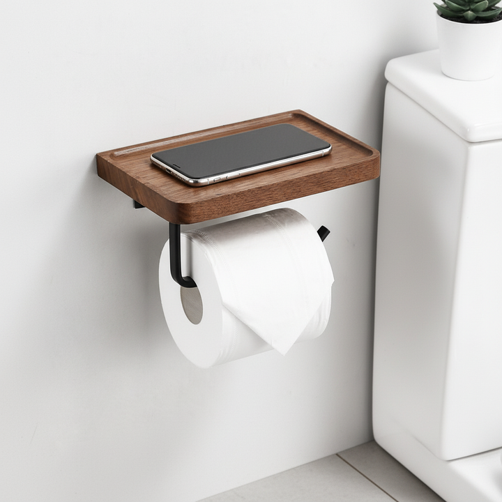 Wall-mounted natural wood toilet paper holder with shelf, modern bathroom storage solution