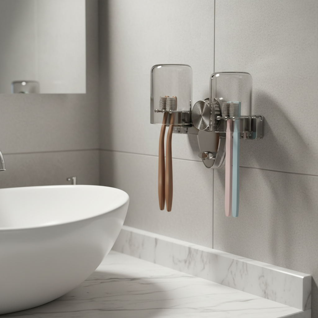 Wall-mounted PET toothbrush holder, drill-free, for bathroom organization & hygiene storage, space-saving solution