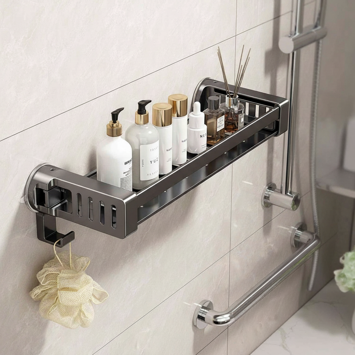 Wall mounted shower shelf, no-drill rust-proof aluminum organizer with suction cups for bathroom hygiene