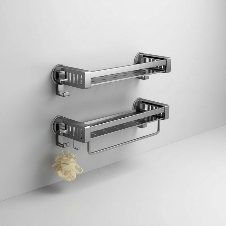 Stylish no-drill bathroom shelf, wall-mounted aluminum organizer for shower and home hygiene
