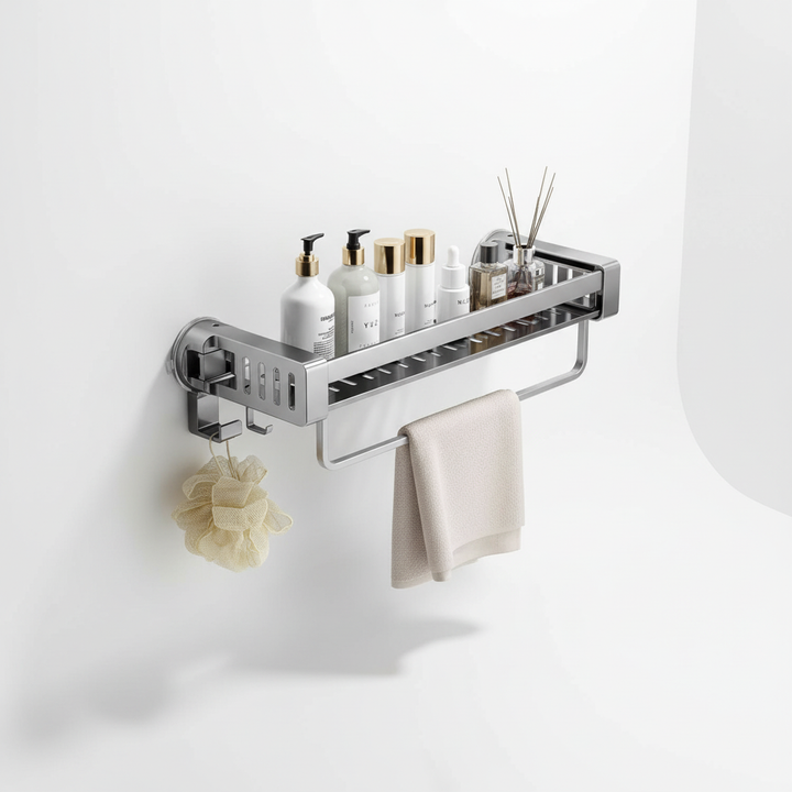 Efficient no-drill wall-mounted shower shelf, ideal for bathroom and kitchen organization