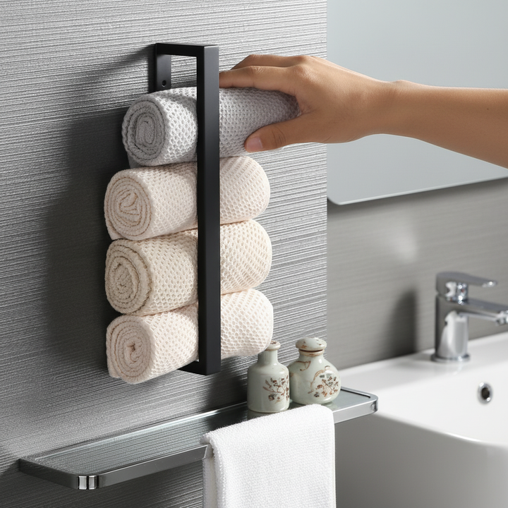 Wall-mounted stainless steel towel holder for bathroom, durable and space-saving design.