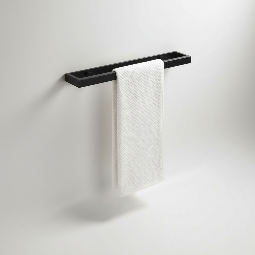 Rollify wall-mounted stainless steel towel rail, a minimalist bathroom organizer.