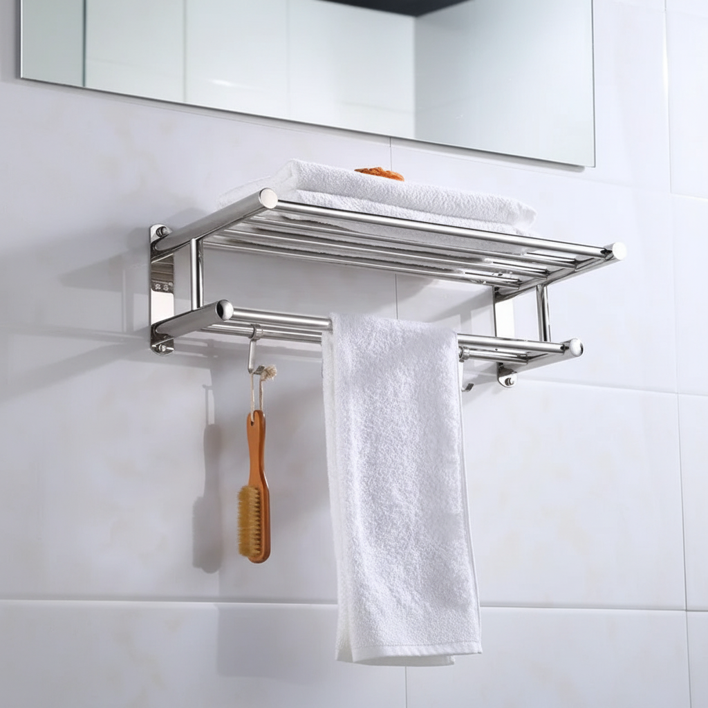 Wall-mounted stainless steel towel rack for modern bathroom, 60cm wide, by Toweluxe