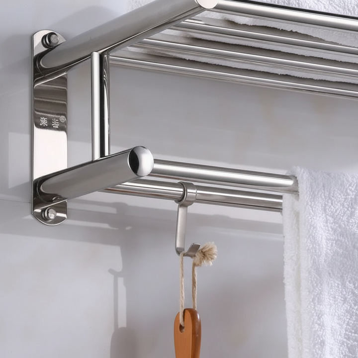 Modern wall mounted towel rail & bathroom organizer in brushed stainless steel finish