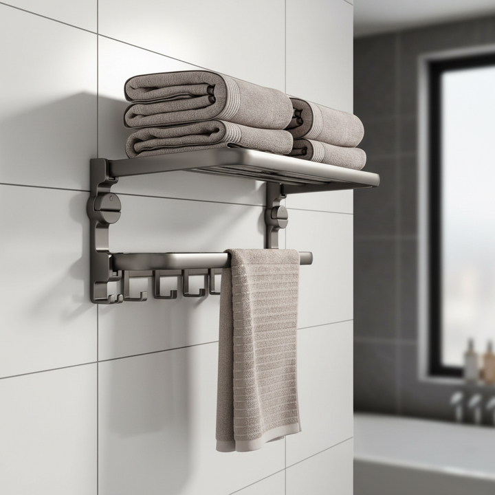 Wall mounted stainless steel towel shelf with strong suction cups, no drilling required for bathroom organization.