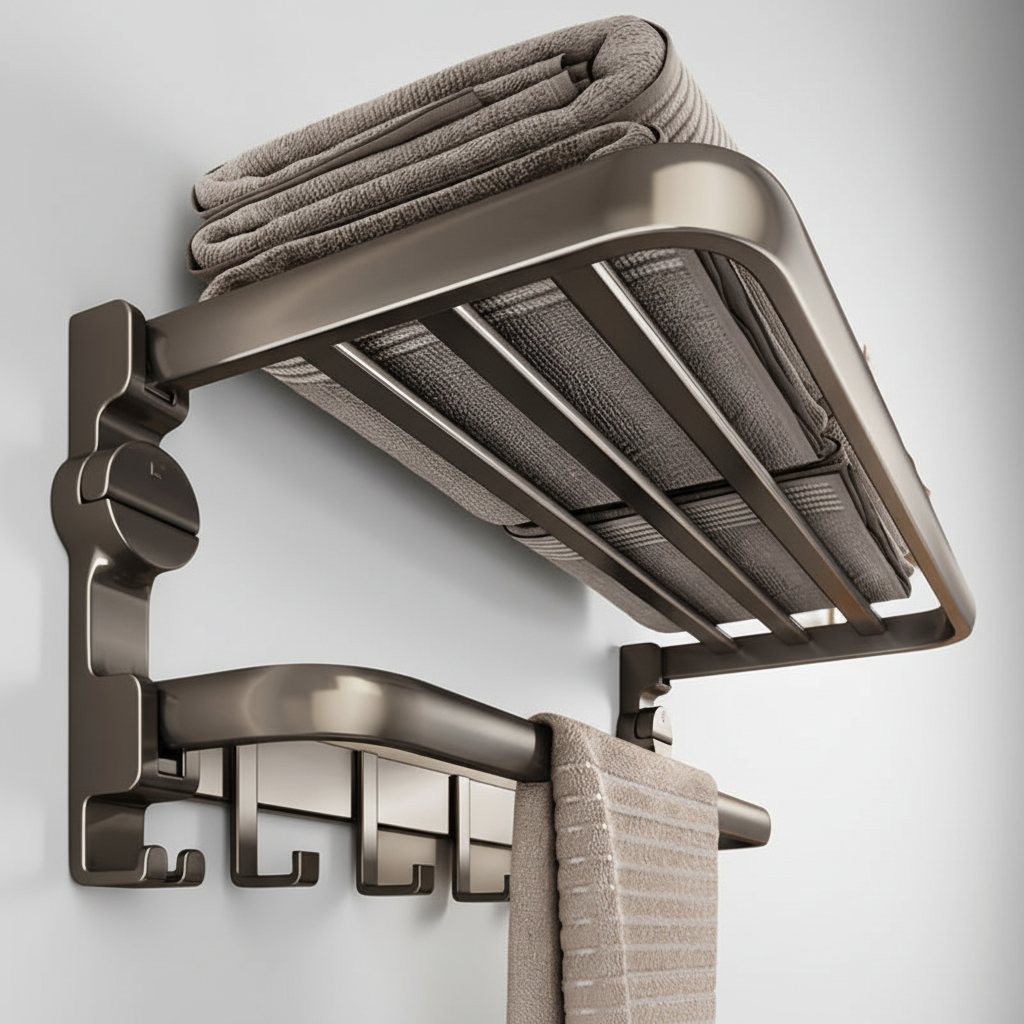 HoldMate space-saving towel shelf, wall mounted with suction cups for easy installation in bathrooms.