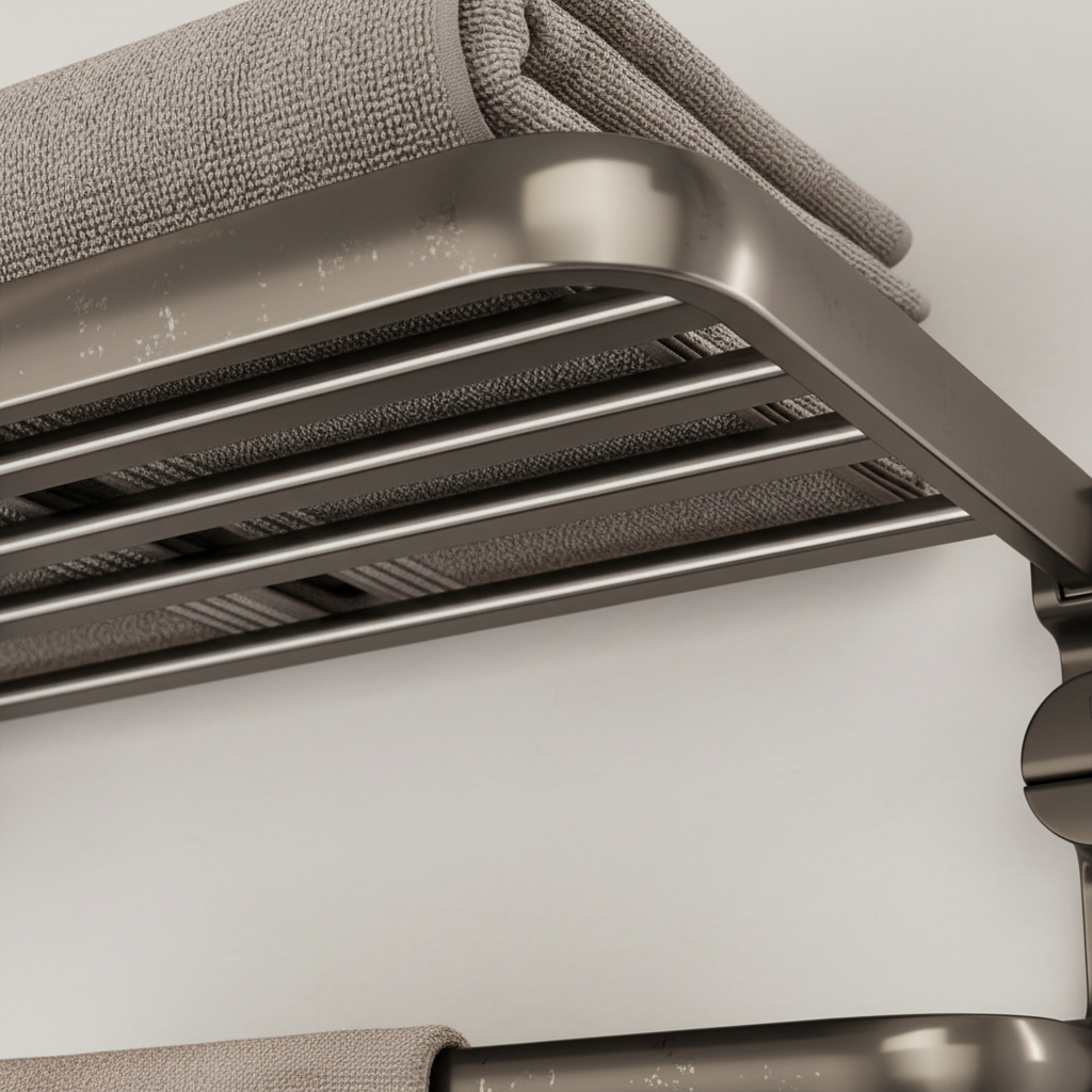 No-drill bathroom organizer: stainless steel towel shelf with powerful suction cups for secure wall mounting.