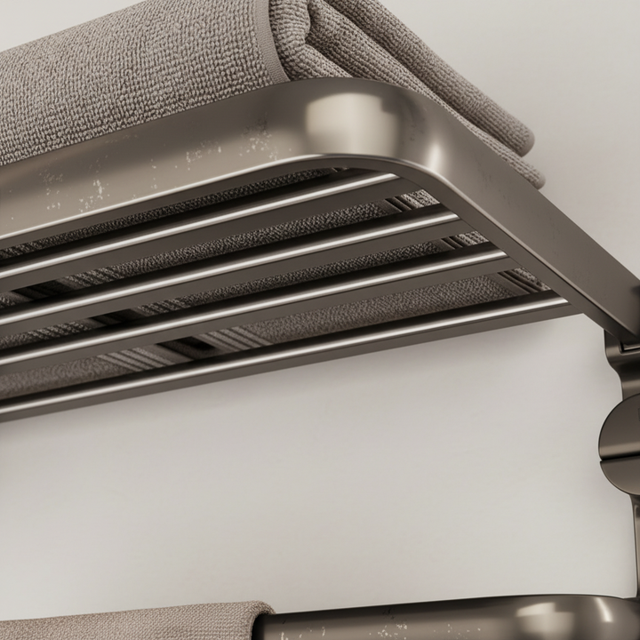 No-drill bathroom organizer: stainless steel towel shelf with powerful suction cups for secure wall mounting.