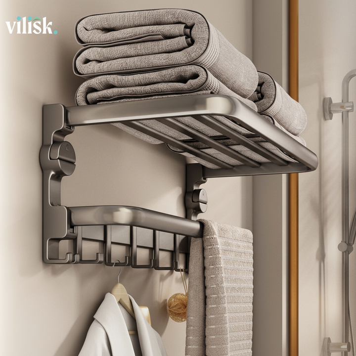 Sleek wall mounted towel shelf featuring suction cups for tool-free installation and efficient bathroom storage.