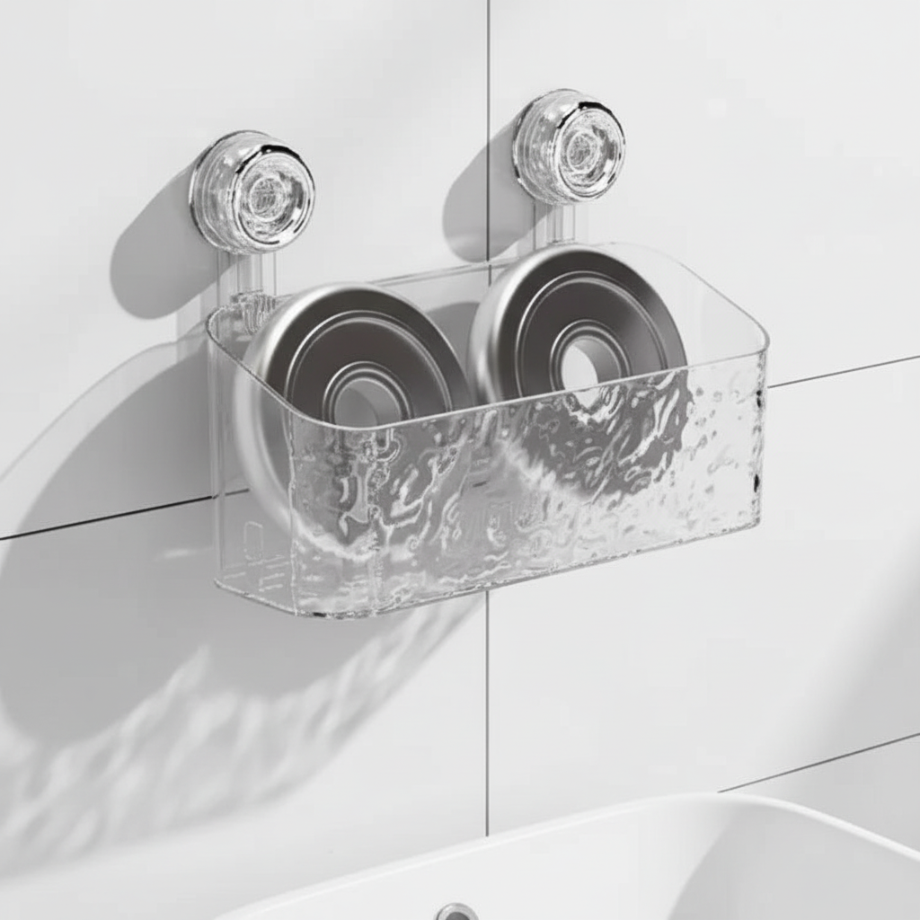Wall-mounted storage shelf with strong suction cups, ideal for bathroom and kitchen organization, drill-free installation.