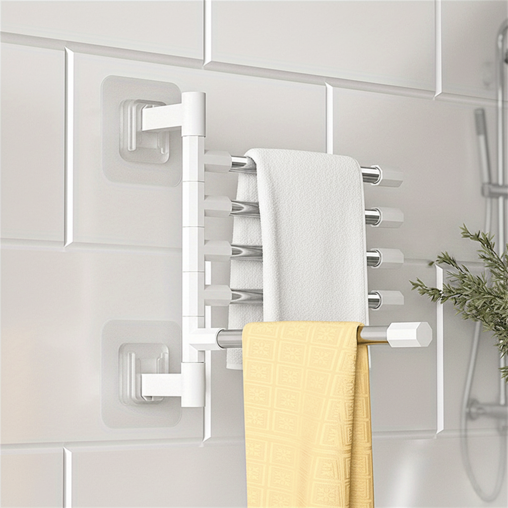 Wall mounted swivel towel holder in stainless steel, space-saving 4-arm design for bathroom organization