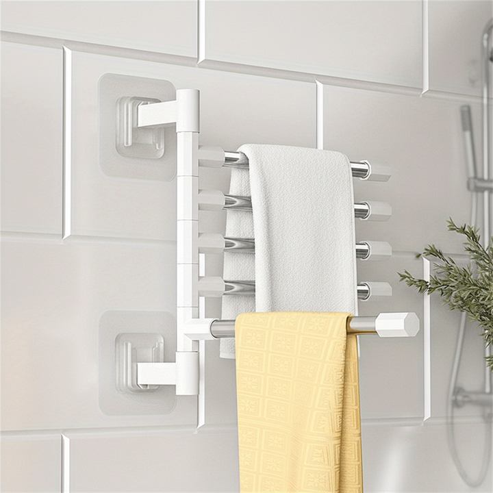 Wall mounted swivel towel holder in stainless steel, space-saving 4-arm design for bathroom organization