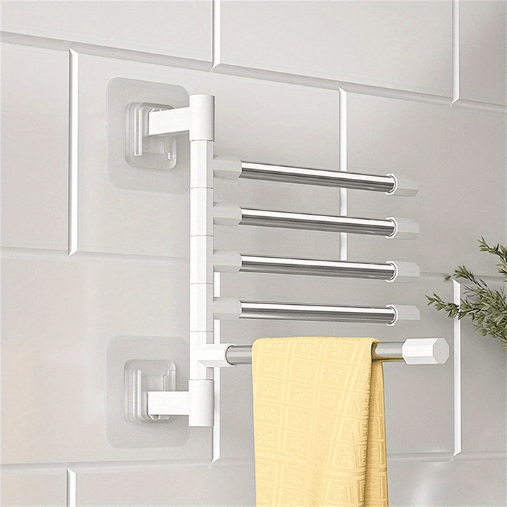 Space-saving wall mounted multi-arm towel holder, ideal for small bathrooms, stainless steel finish