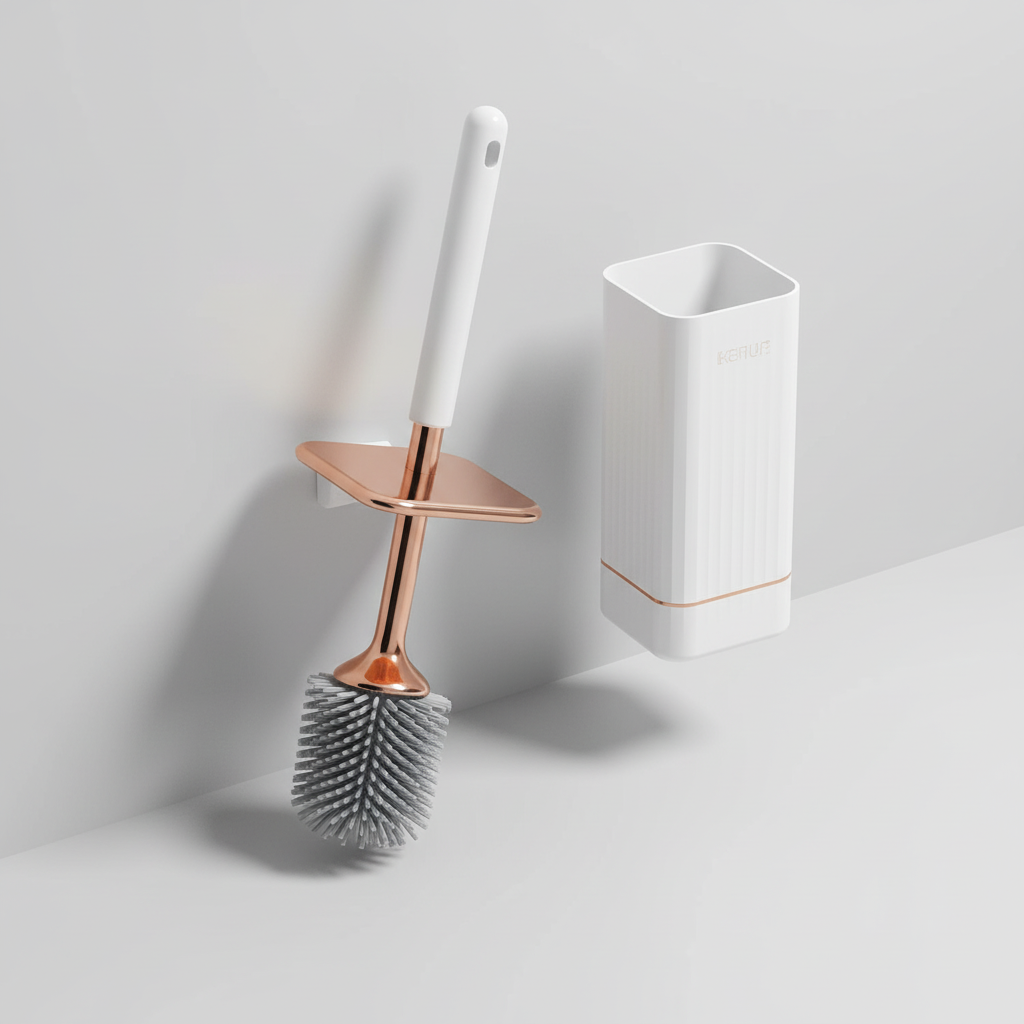 Modern wall-mounted toilet brush with black silicone bristles, hygienic and fast-drying bathroom accessory