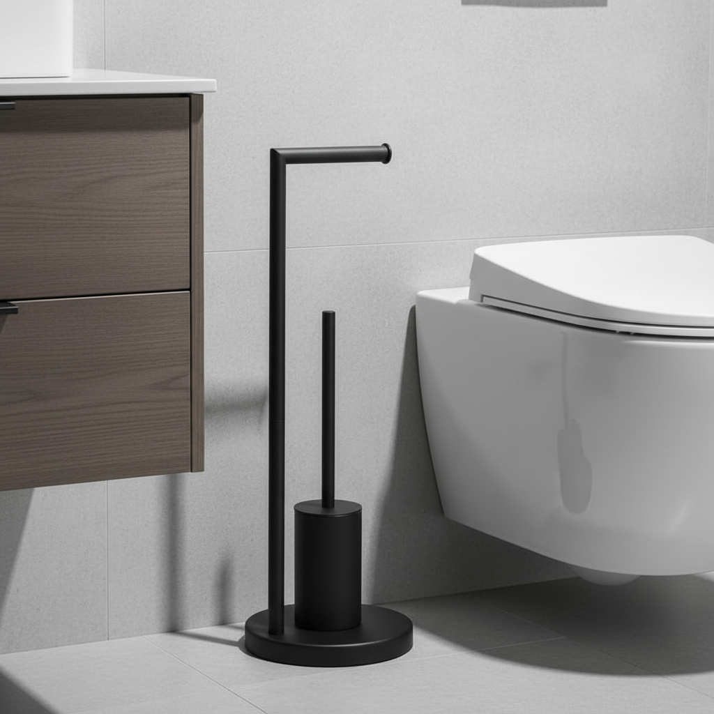 Wall mounted toilet paper holder with integrated brush, space-saving modern design for bathroom organization.