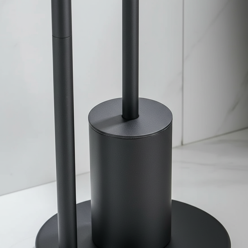 Modern bathroom storage: wall mounted toilet paper holder with concealed toilet brush.