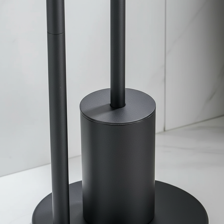 Modern bathroom storage: wall mounted toilet paper holder with concealed toilet brush.