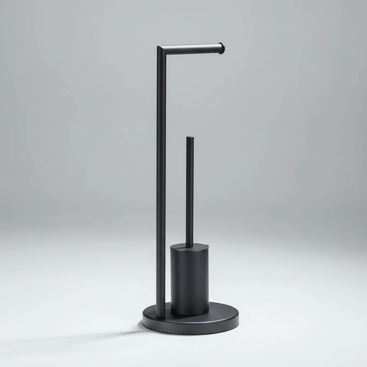 Space-saving wall-mounted toilet paper holder and toilet brush, ideal for a contemporary bathroom.