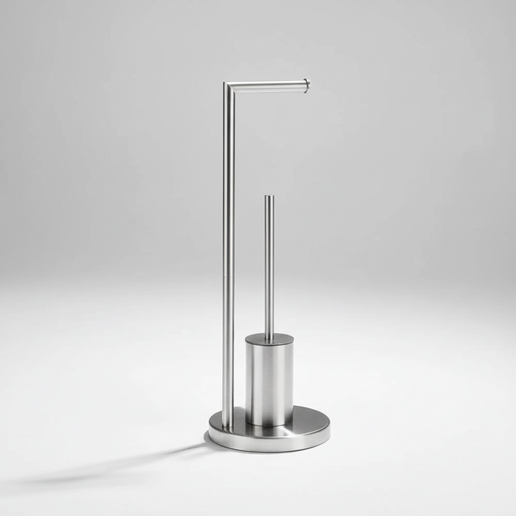 Bathroom organization solution: black wall-mounted toilet roll holder with integrated cleaning brush.
