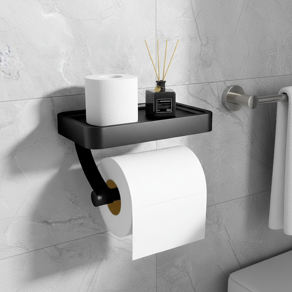 Wall mounted toilet paper holder with top shelf, stainless steel, modern bathroom organization
