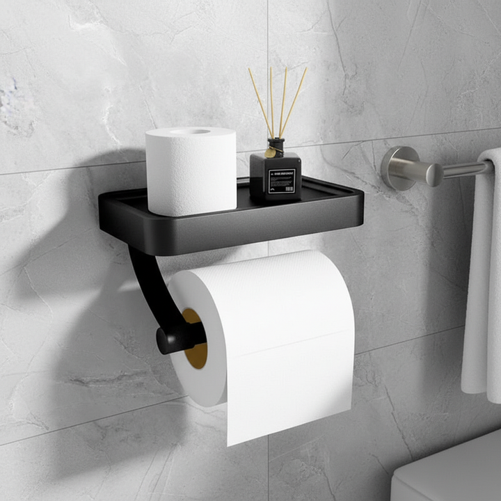 Wall mounted toilet paper holder with top shelf, stainless steel, modern bathroom organization