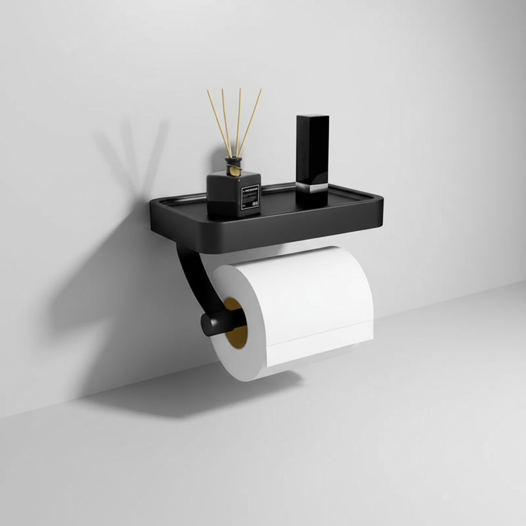 RollDock wall mounted toilet paper holder, stainless steel, with integrated shelf for bathroom storage