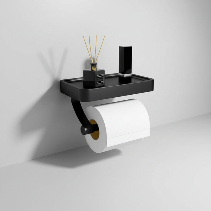 RollDock wall mounted toilet paper holder, stainless steel, with integrated shelf for bathroom storage