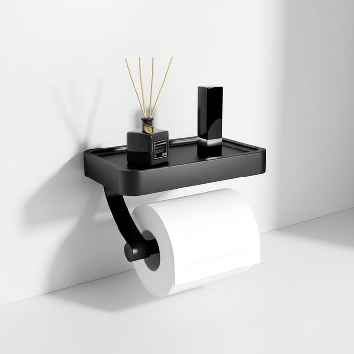 Stainless steel toilet paper holder with storage shelf, perfect for bathroom organization and home improvement