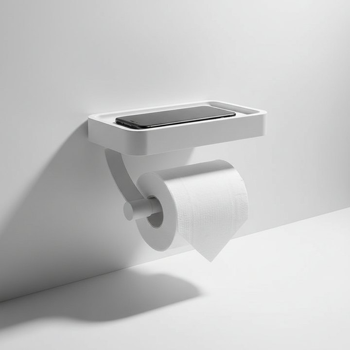 Sleek RollDock wall mounted toilet paper holder, stainless steel, providing extra bathroom storage