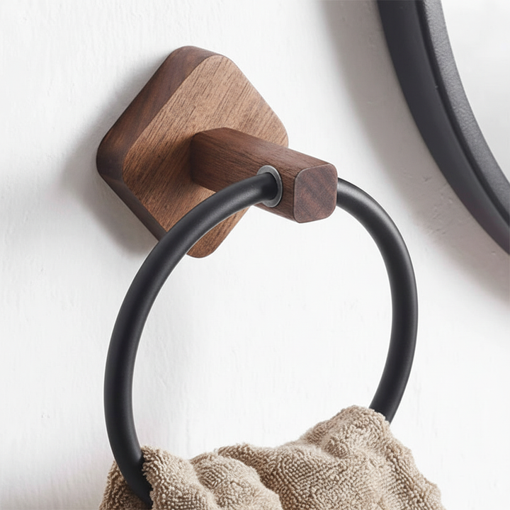 Stylish wall-mounted towel ring, wood & aluminum, a perfect home organization storage solution for bathrooms.