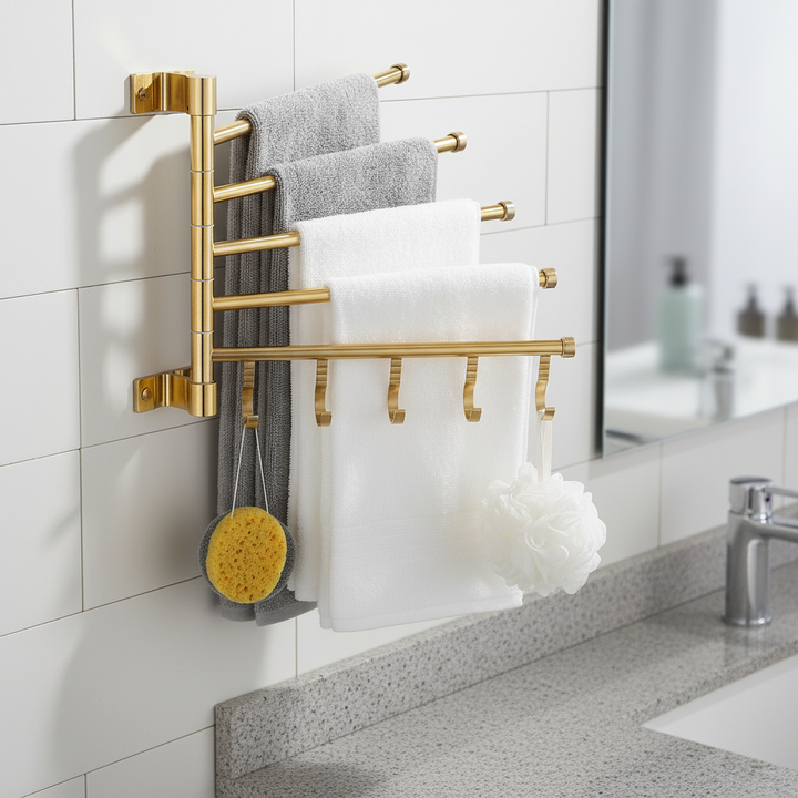 Wall-mounted triple arm towel rack in a gold finish, ideal for modern bathroom storage and home decor.