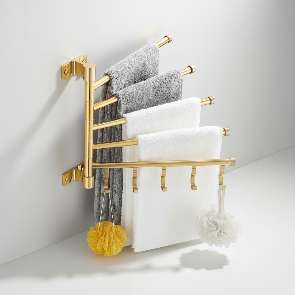 Stylish gold finished triple arm towel rack, wall-mounted for bathroom storage and home decor