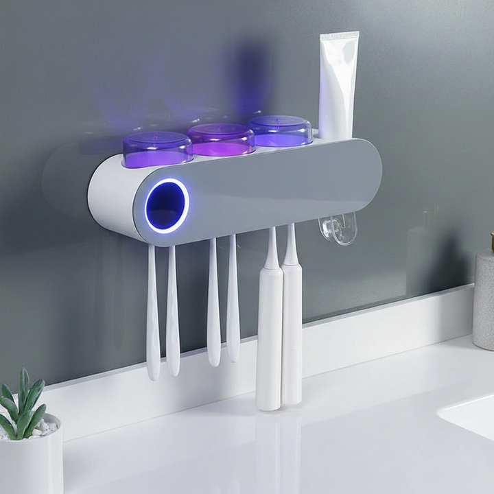 Wall-mounted UV toothbrush sanitizer organizer, white, perfect for bathroom hygiene, keeps brushes clean.