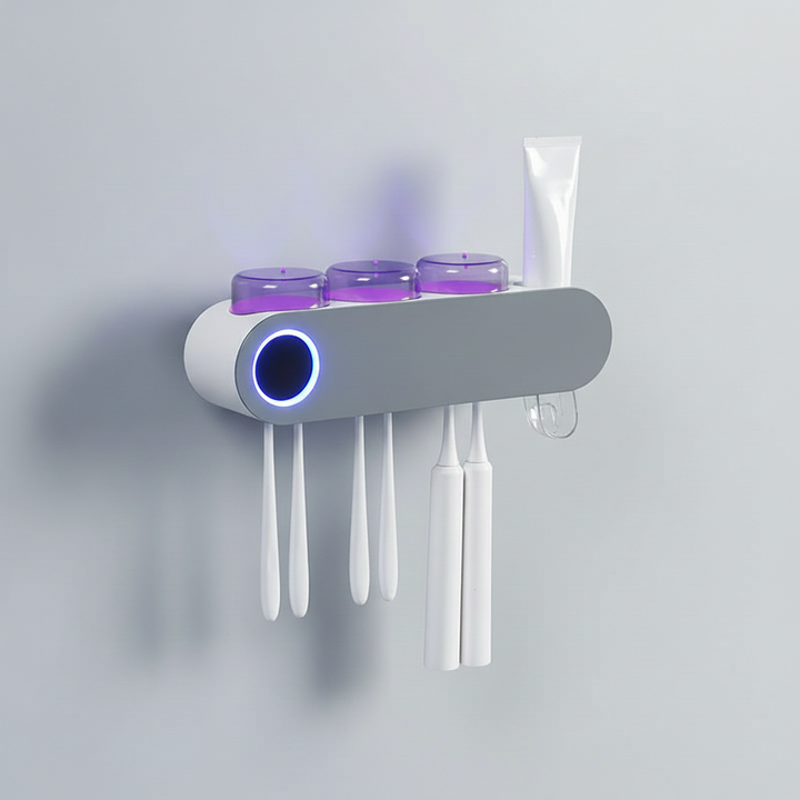 Compact UV toothbrush holder, automatically sanitizes, space-saving design for modern bathrooms.