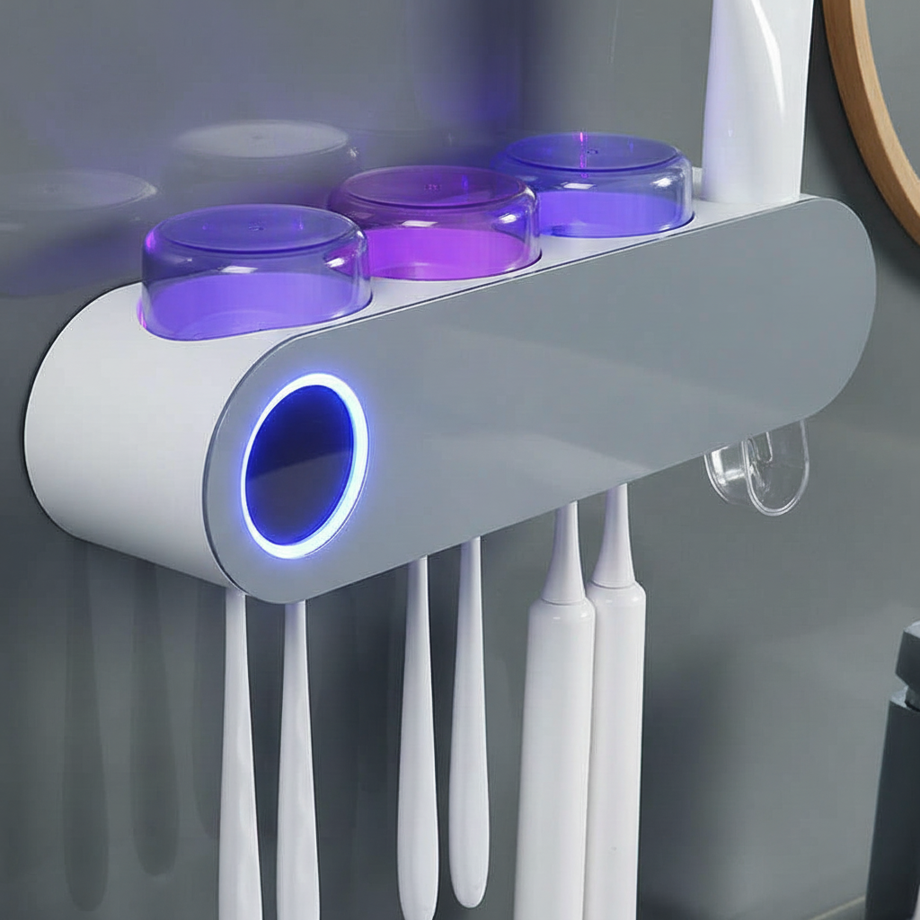 CleanLume UV toothbrush organizer mounted on a wall, ensuring oral care and hygiene for the family.